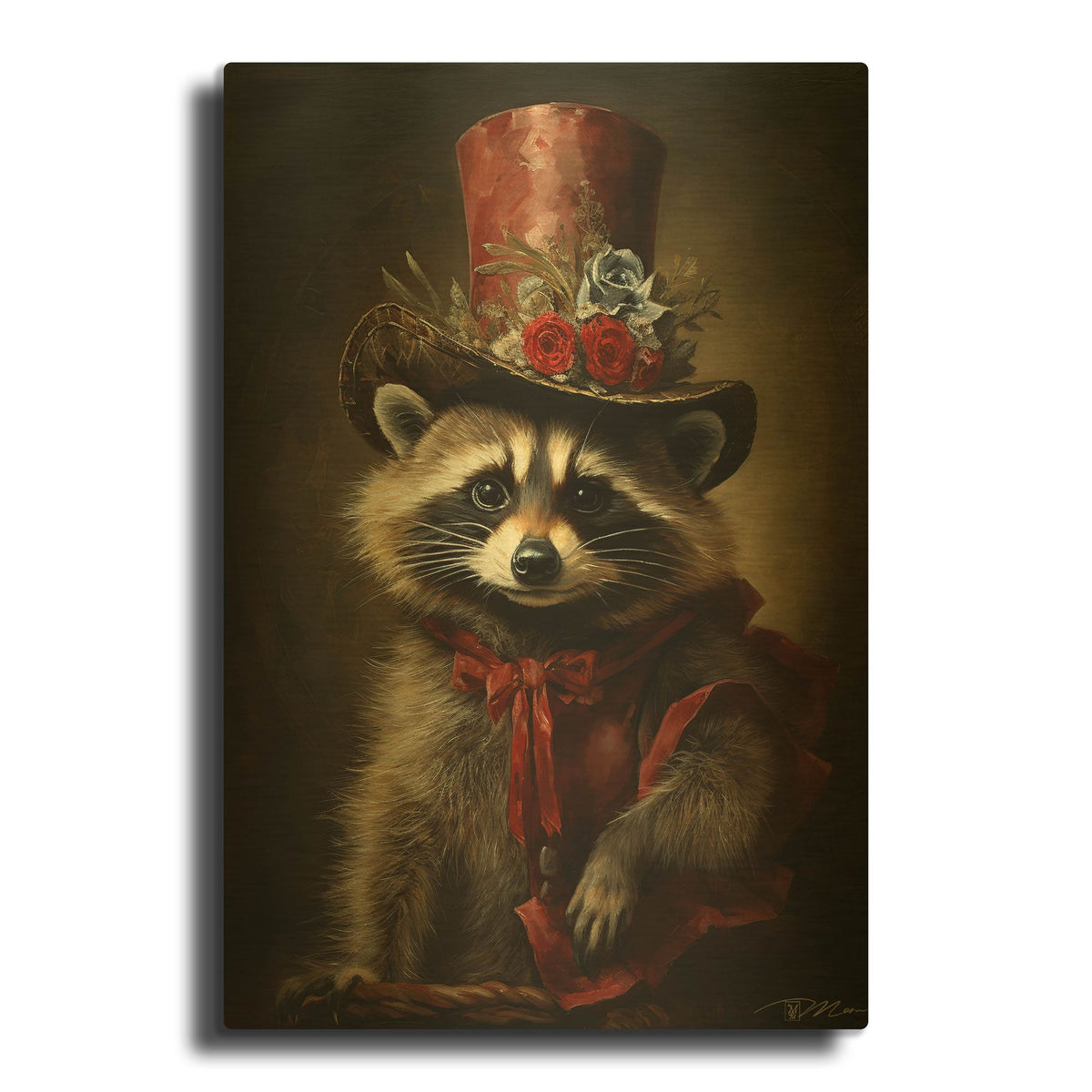 'Cute Raccoon With A Red Hat Baroque Style 1' By Momart Gold Metal Wall Art