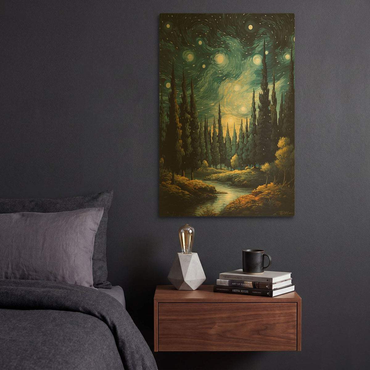 'Cypress Trees At Night' By Momart Gold Metal Wall Art
