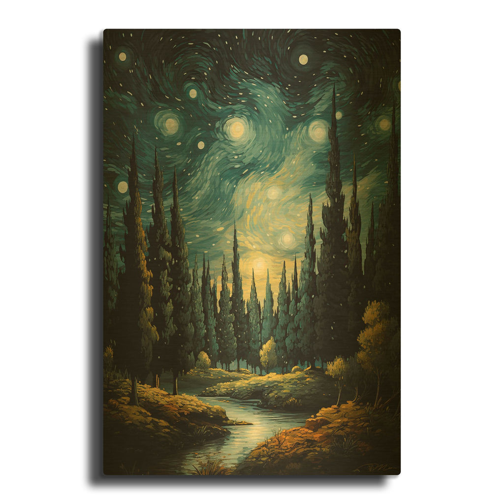 'Cypress Trees At Night' By Momart Gold Metal Wall Art