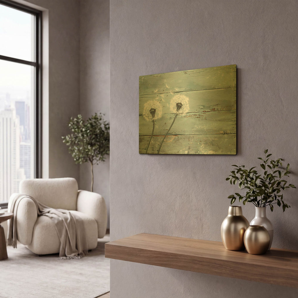 'Dandelion On A Wooden Background' By Momart Gold Metal Wall Art