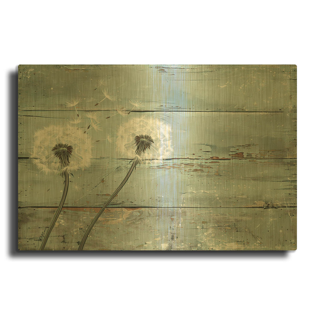 'Dandelion On A Wooden Background' By Momart Gold Metal Wall Art