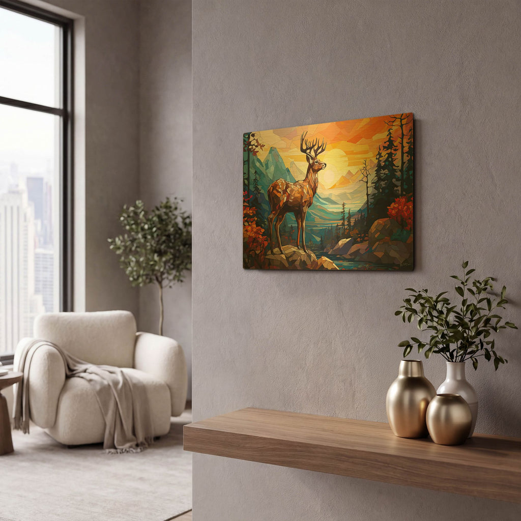 'Deer In The Forest On A Rock' By Momart Gold Metal Wall Art