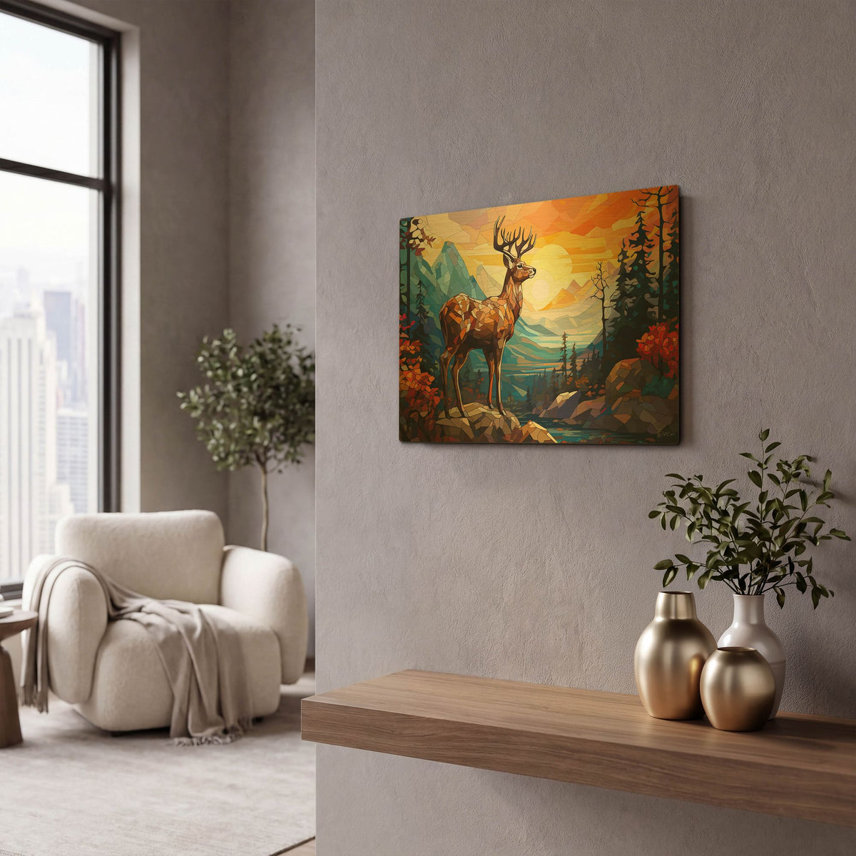 'Deer In The Forest On A Rock' By Momart Gold Metal Wall Art