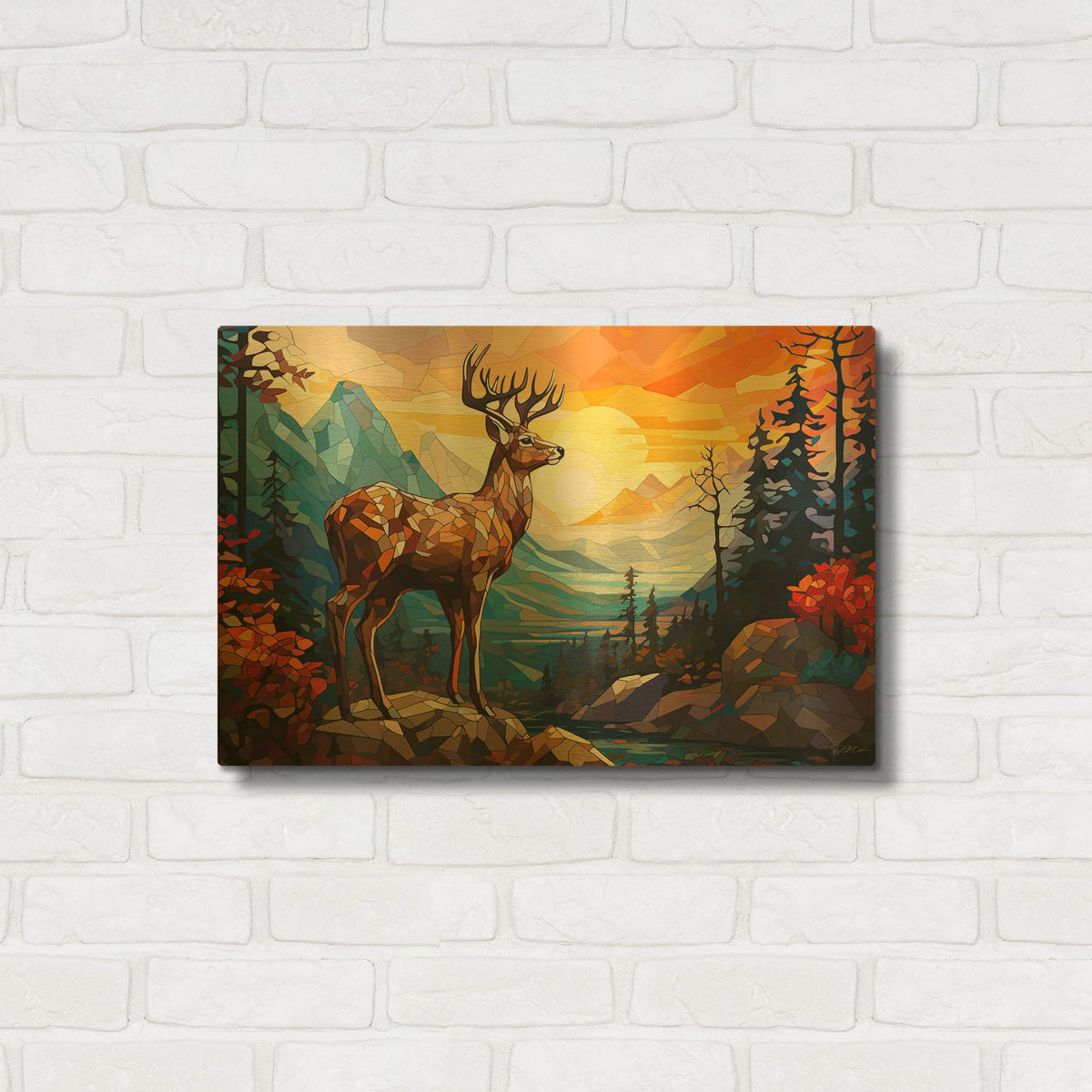 'Deer In The Forest On A Rock' By Momart Gold Metal Wall Art