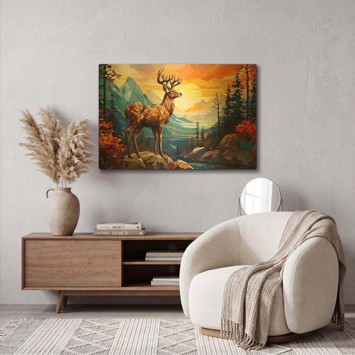 'Deer In The Forest On A Rock' By Momart Gold Metal Wall Art