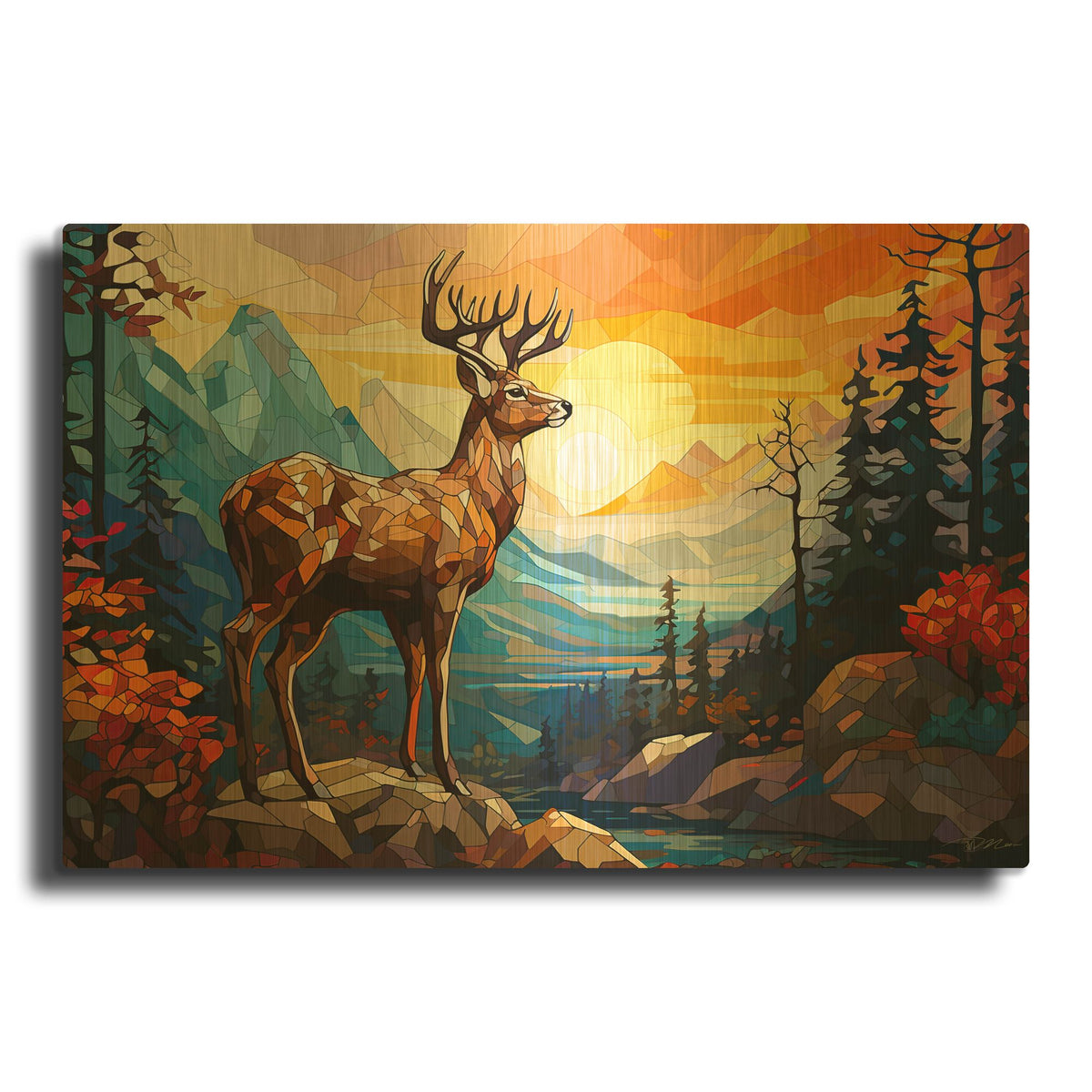 'Deer In The Forest On A Rock' By Momart Gold Metal Wall Art