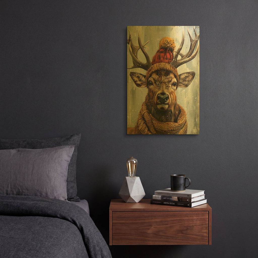 'Deer With Red And Yellow Cap And Scarf' By Momart Gold Metal Wall Art