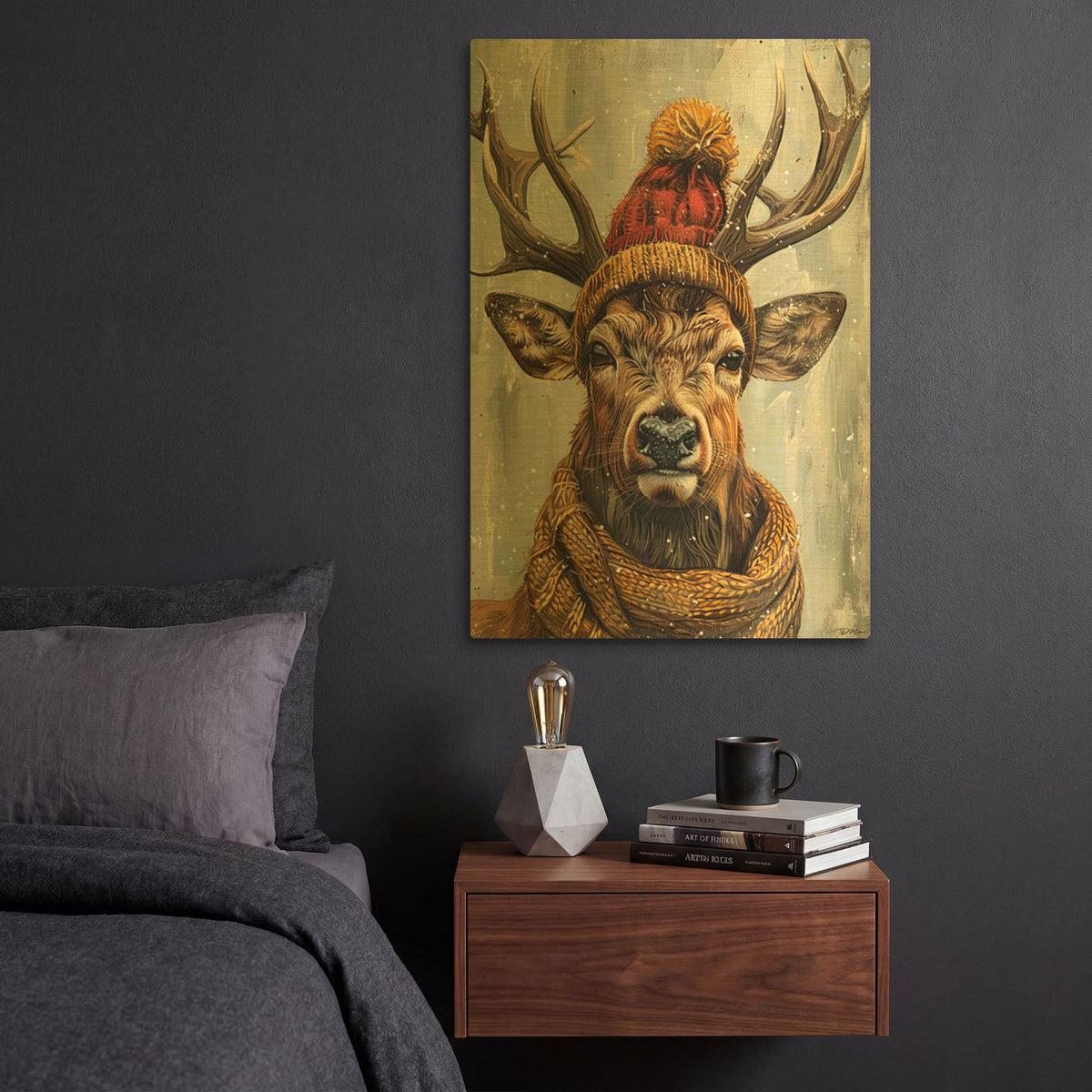 'Deer With Red And Yellow Cap And Scarf' By Momart Gold Metal Wall Art