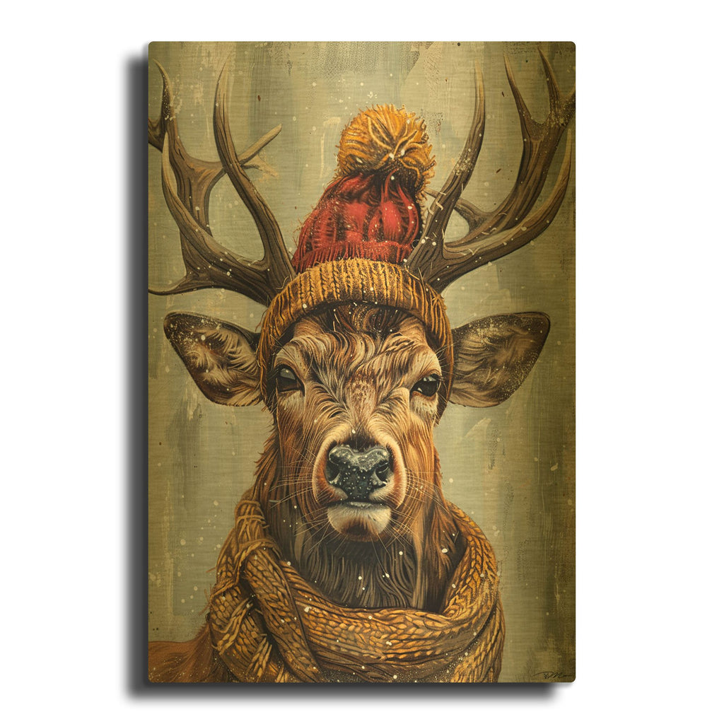 'Deer With Red And Yellow Cap And Scarf' By Momart Gold Metal Wall Art
