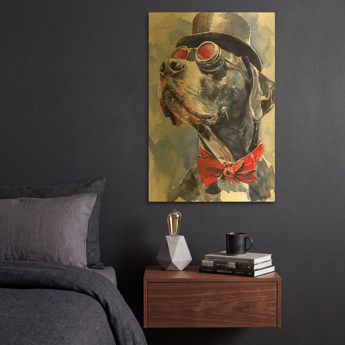 'Dog With Glasses And Hat 1' By Momart Gold Metal Wall Art