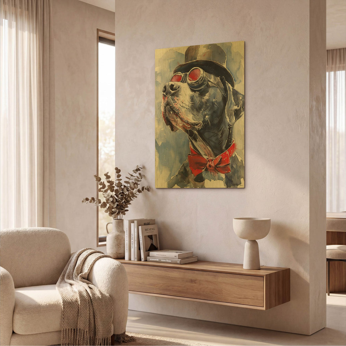 'Dog With Glasses And Hat 1' By Momart Gold Metal Wall Art
