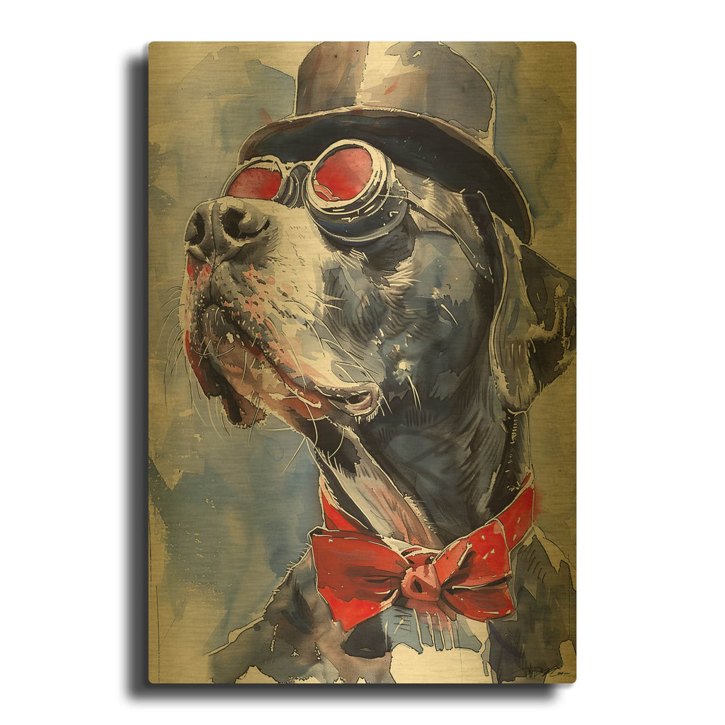 'Dog With Glasses And Hat 1' By Momart Gold Metal Wall Art