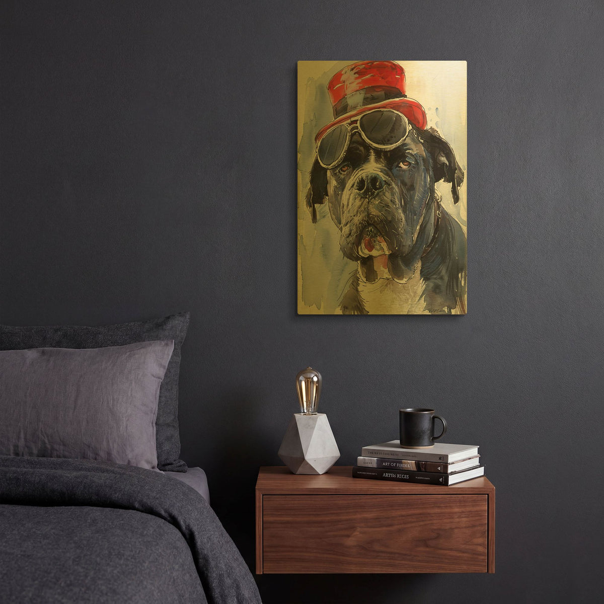 'Dog With Glasses And Hat 2' By Momart Gold Metal Wall Art