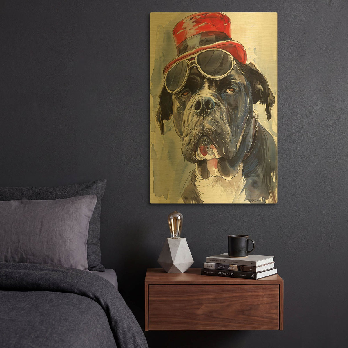 'Dog With Glasses And Hat 2' By Momart Gold Metal Wall Art