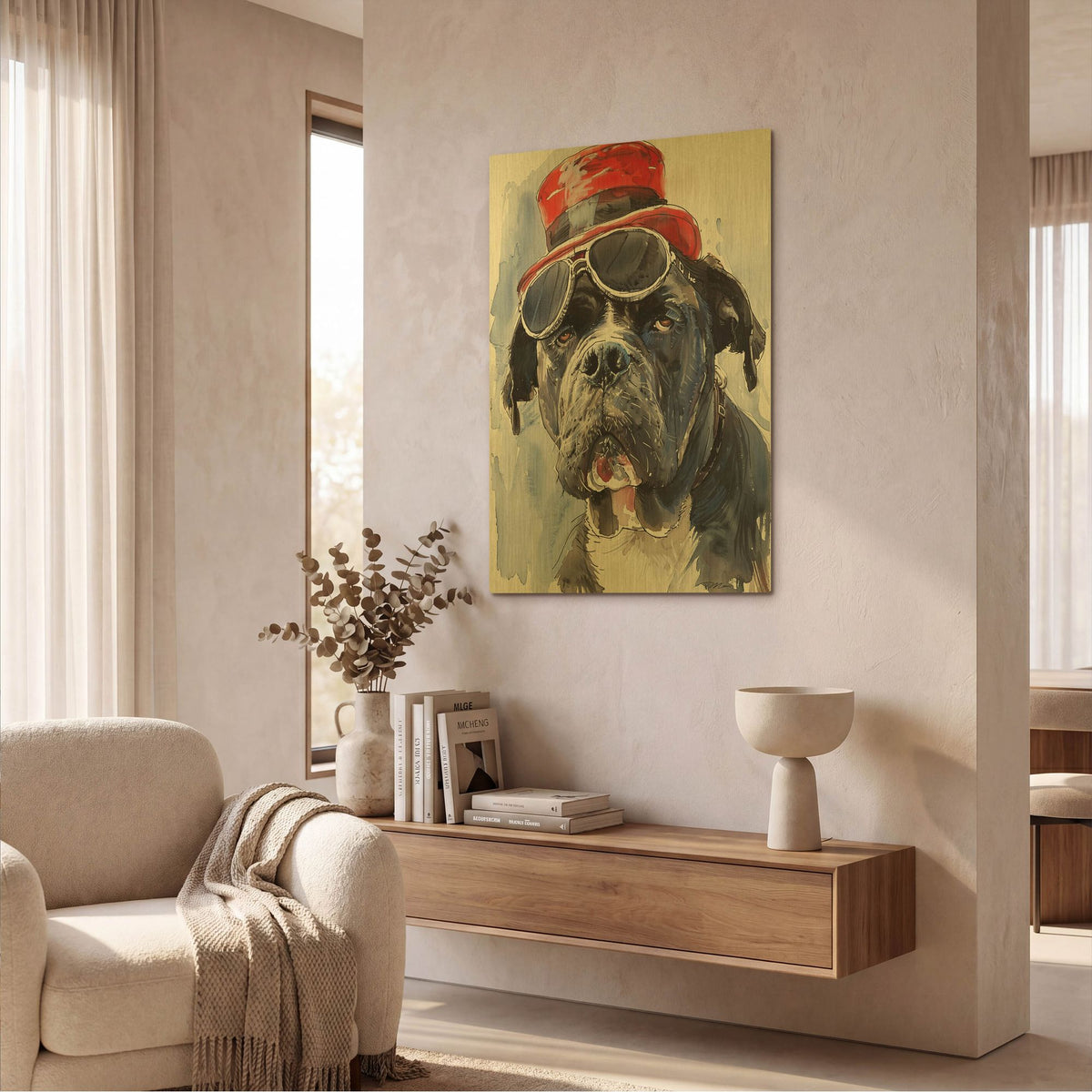 'Dog With Glasses And Hat 2' By Momart Gold Metal Wall Art