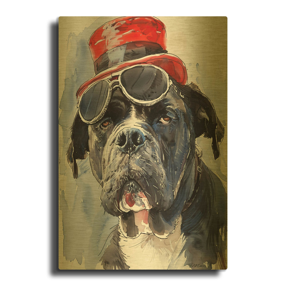 'Dog With Glasses And Hat 2' By Momart Gold Metal Wall Art