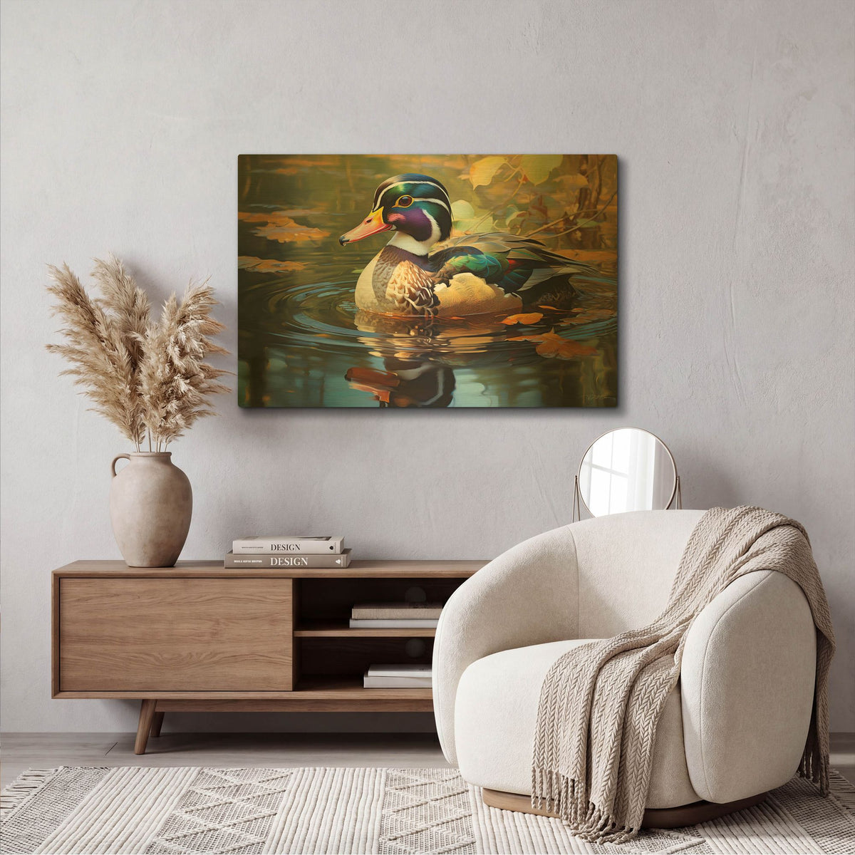 'Duck In The Beige Pond' By Momart Gold Metal Wall Art