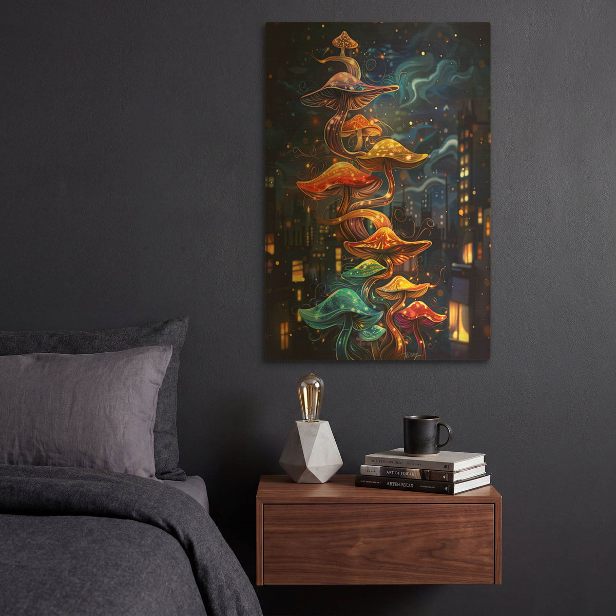 'Fantastic Mushrooms In The City' By Momart Gold Metal Wall Art