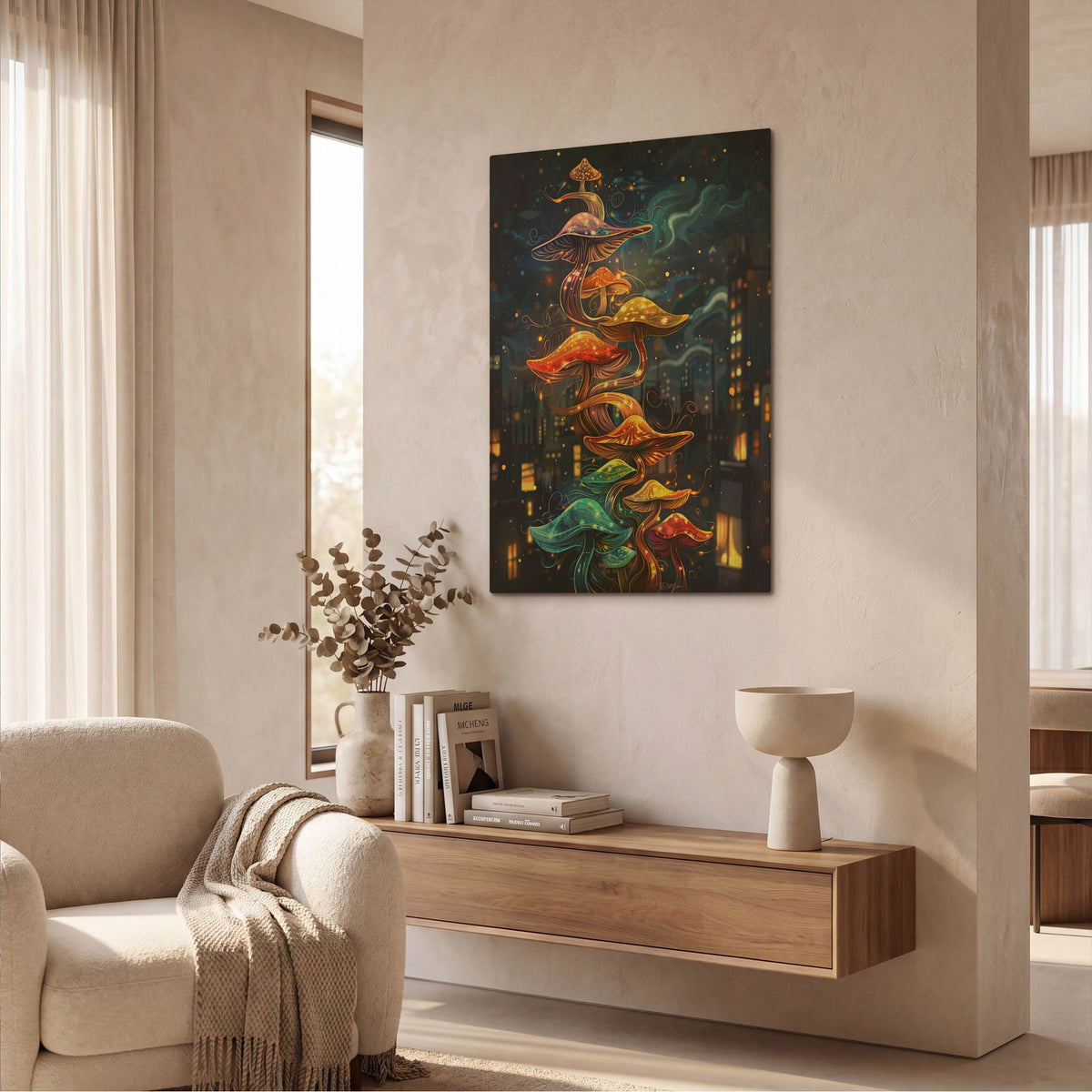 'Fantastic Mushrooms In The City' By Momart Gold Metal Wall Art