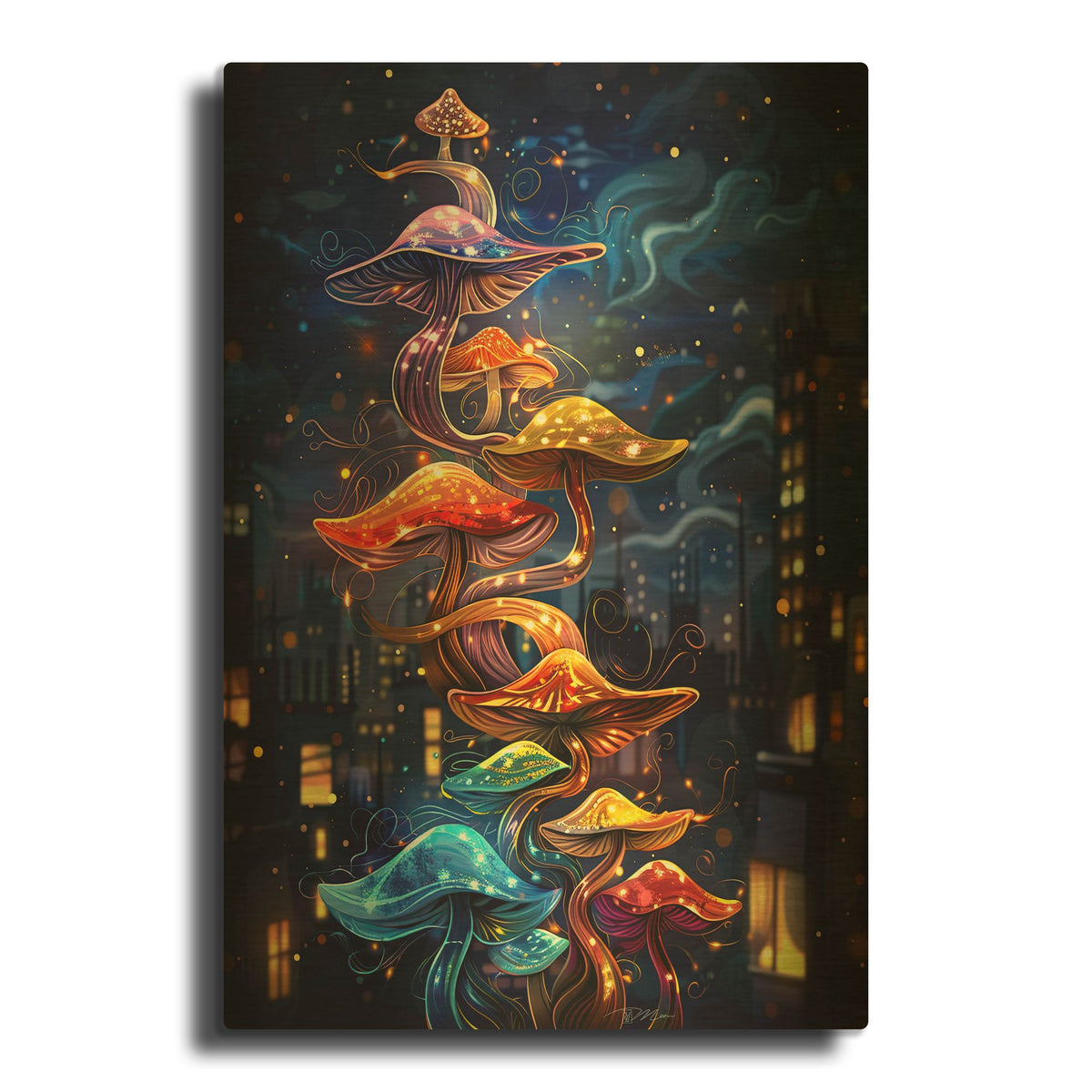 'Fantastic Mushrooms In The City' By Momart Gold Metal Wall Art