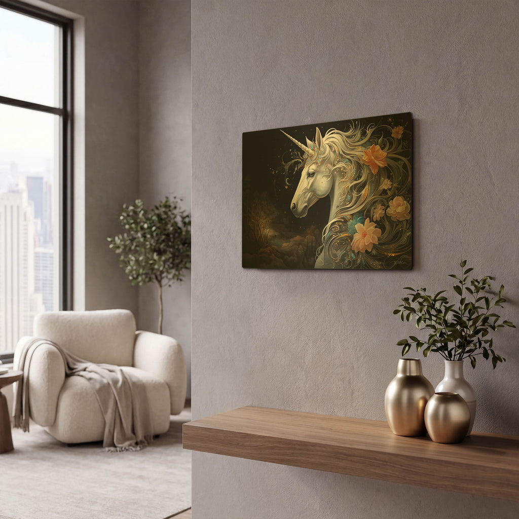 'Fantasy Unicorn 1' By Momart Gold Metal Wall Art