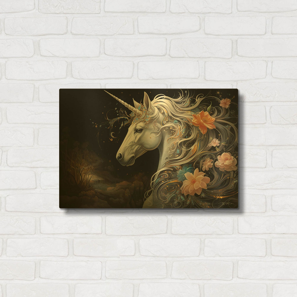 'Fantasy Unicorn 1' By Momart Gold Metal Wall Art