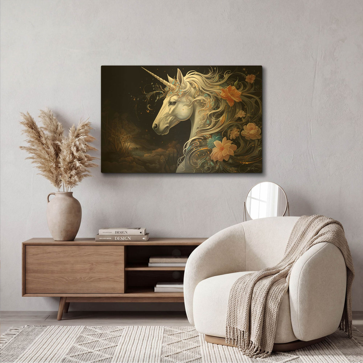 'Fantasy Unicorn 1' By Momart Gold Metal Wall Art