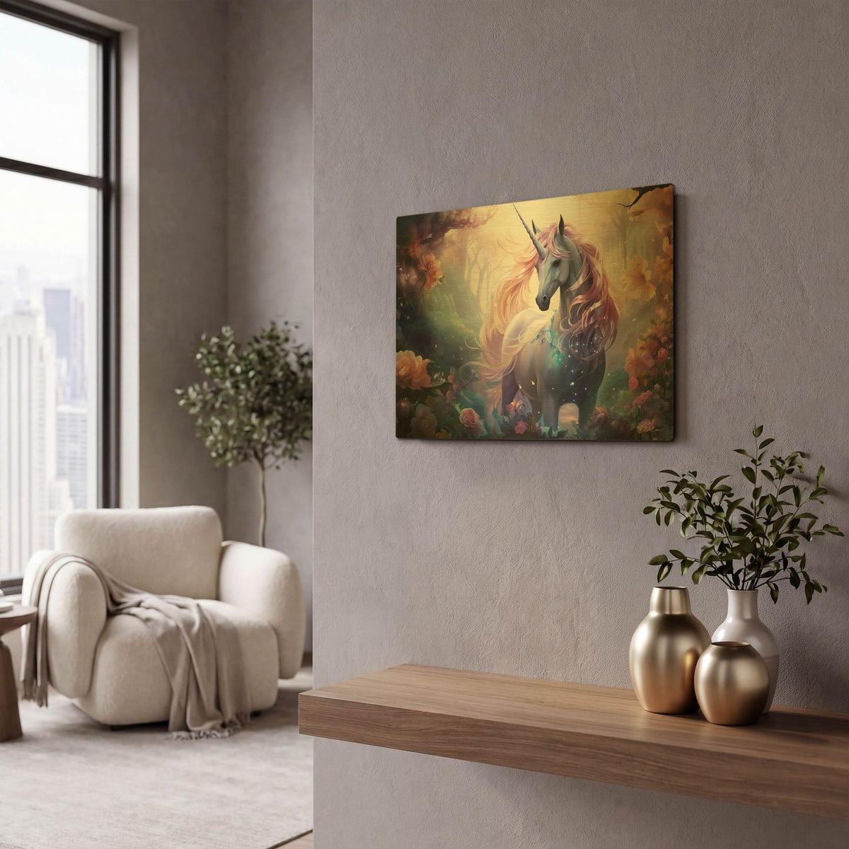 'Fantasy Unicorn 3' By Momart Gold Metal Wall Art
