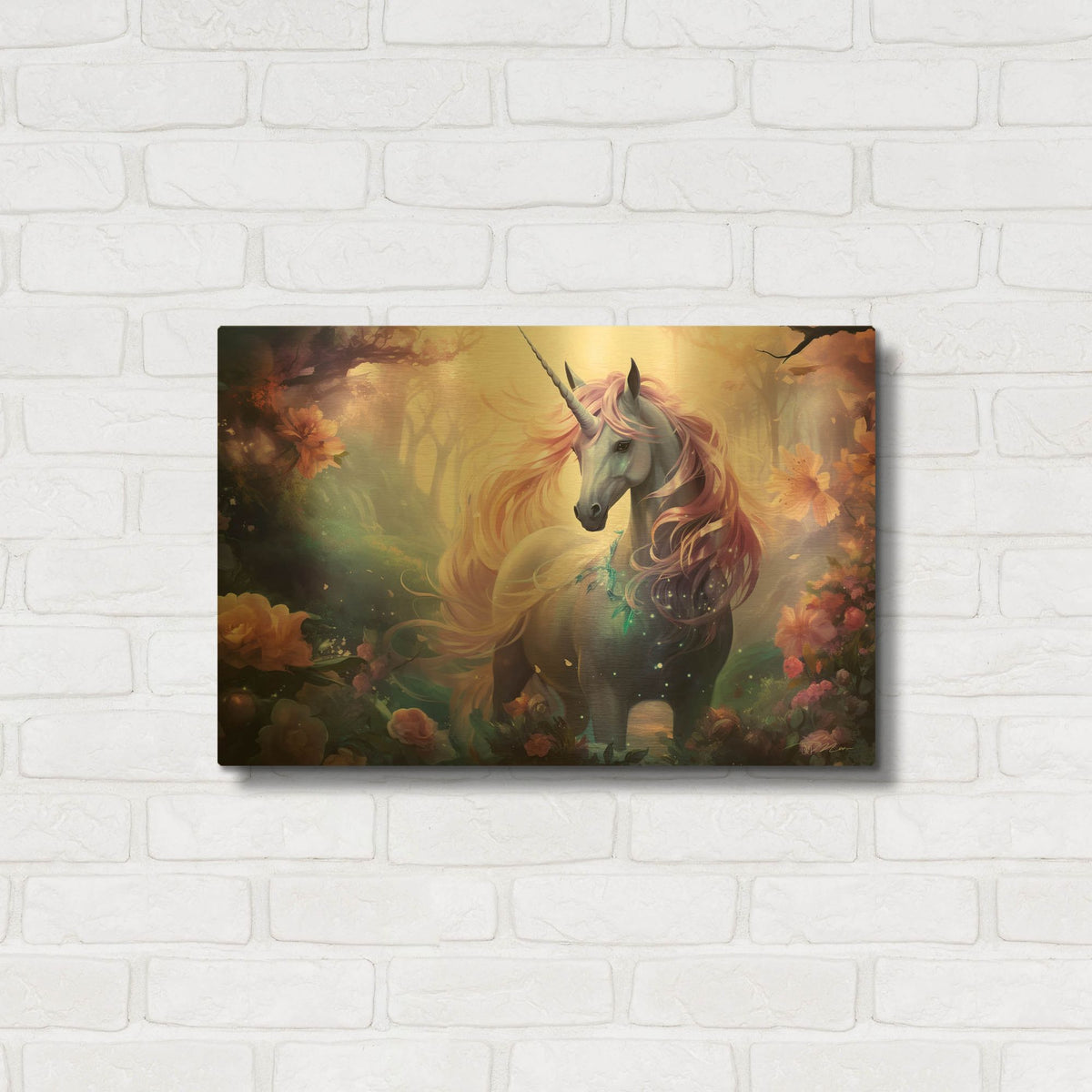 'Fantasy Unicorn 3' By Momart Gold Metal Wall Art