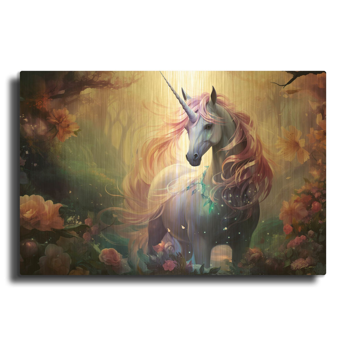 'Fantasy Unicorn 3' By Momart Gold Metal Wall Art