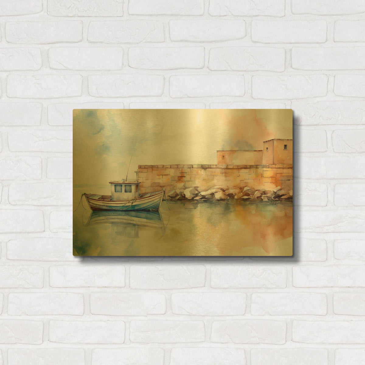 'Fishing Boat In Watercolor' By Momart Gold Metal Wall Art