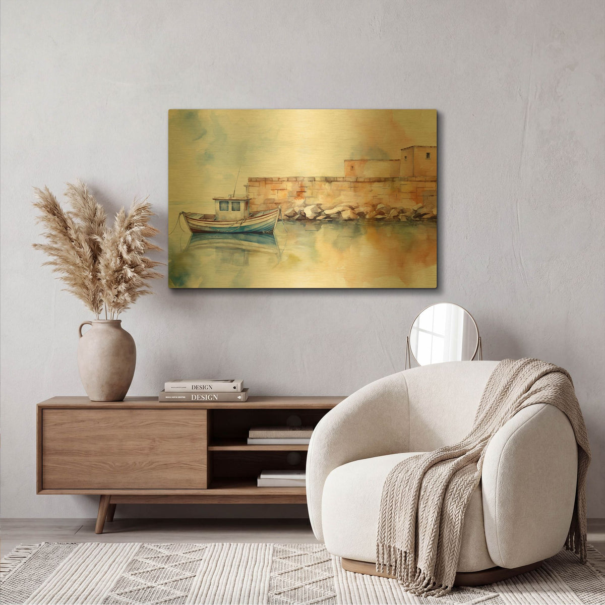 'Fishing Boat In Watercolor' By Momart Gold Metal Wall Art