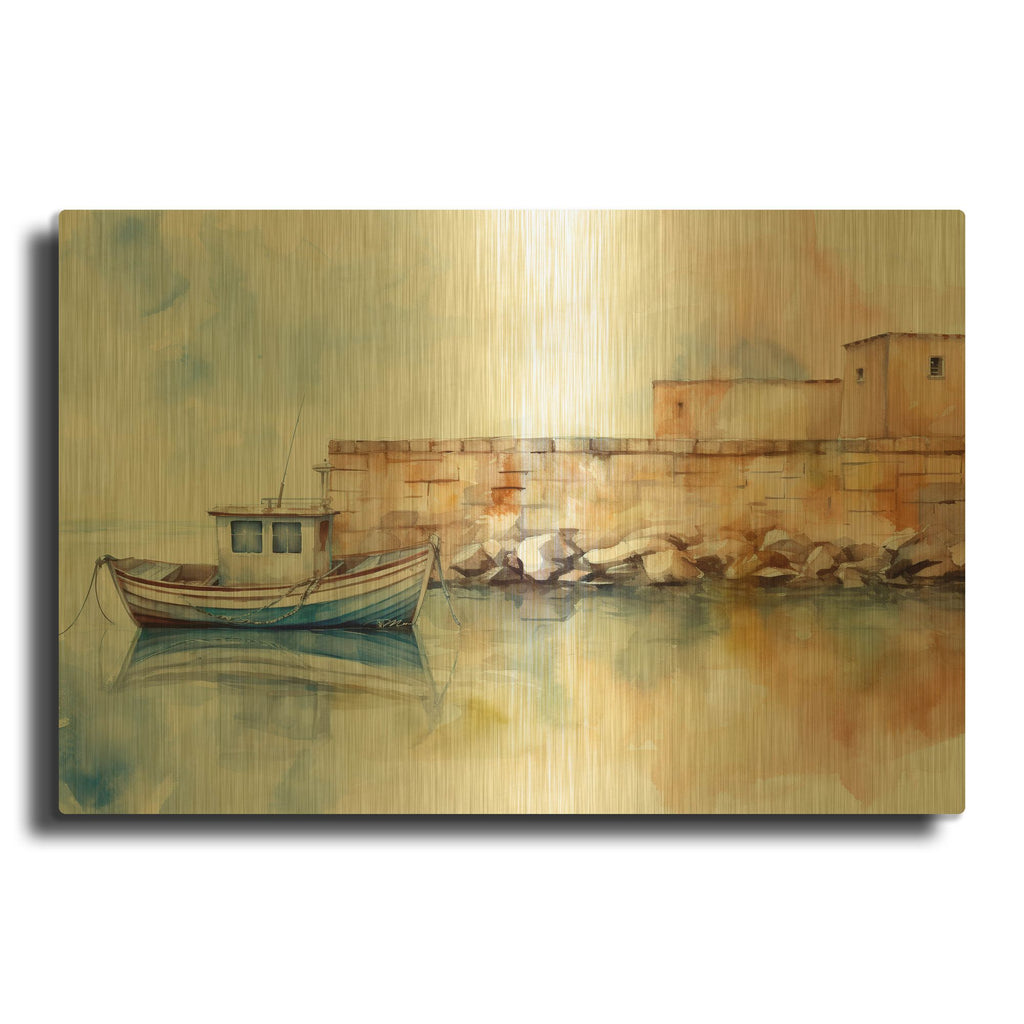 'Fishing Boat In Watercolor' By Momart Gold Metal Wall Art
