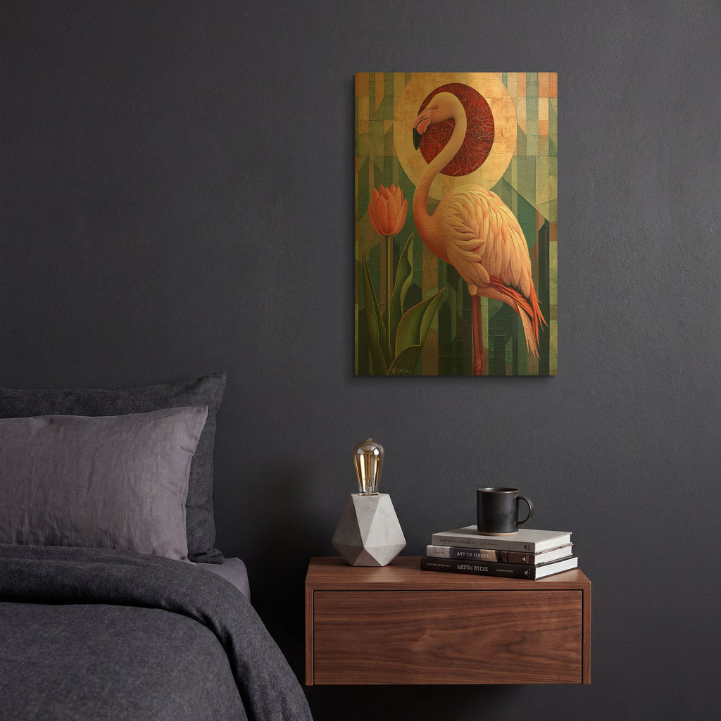 'Flamingo And Tulip Abstract 1' By Momart Gold Metal Wall Art