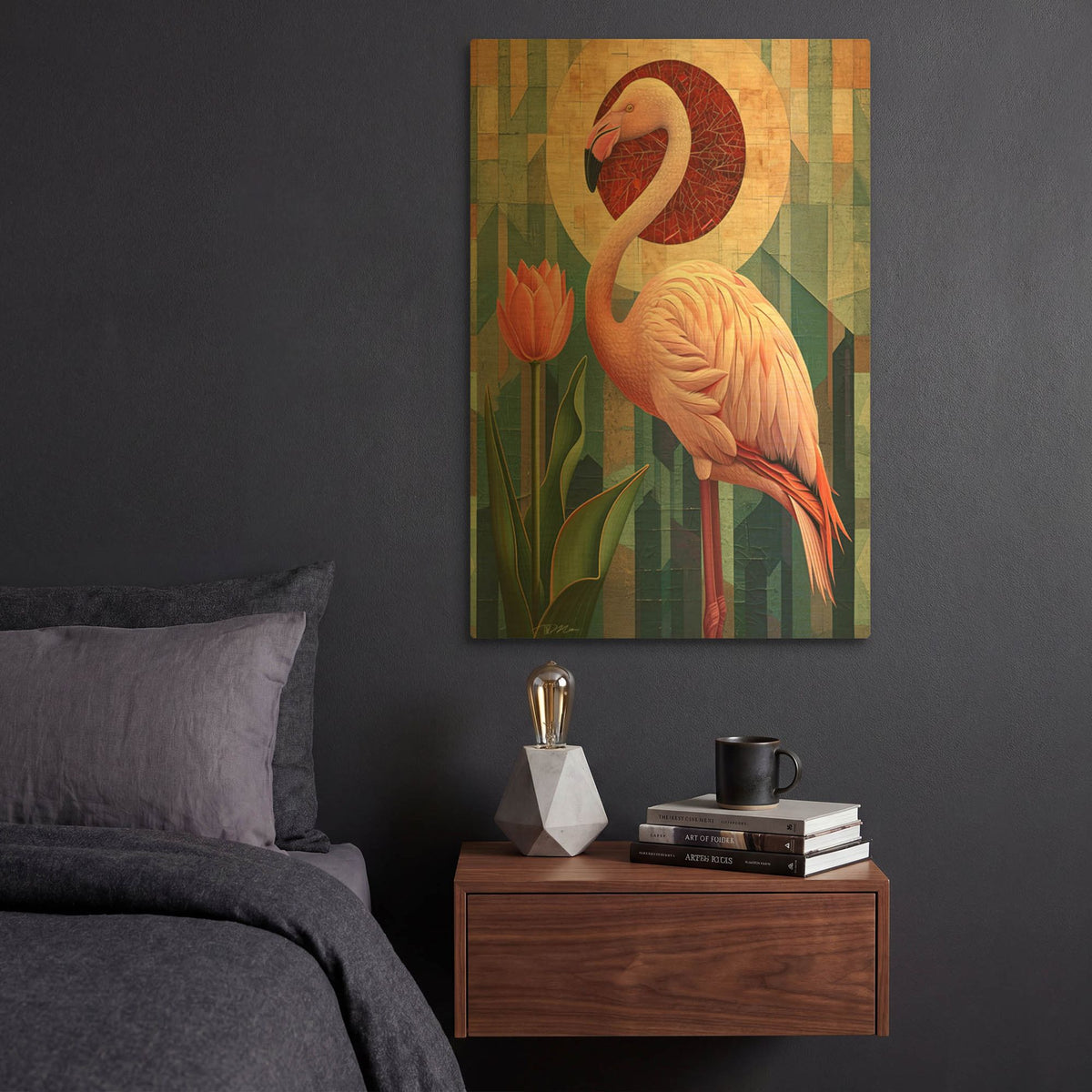 'Flamingo And Tulip Abstract 1' By Momart Gold Metal Wall Art