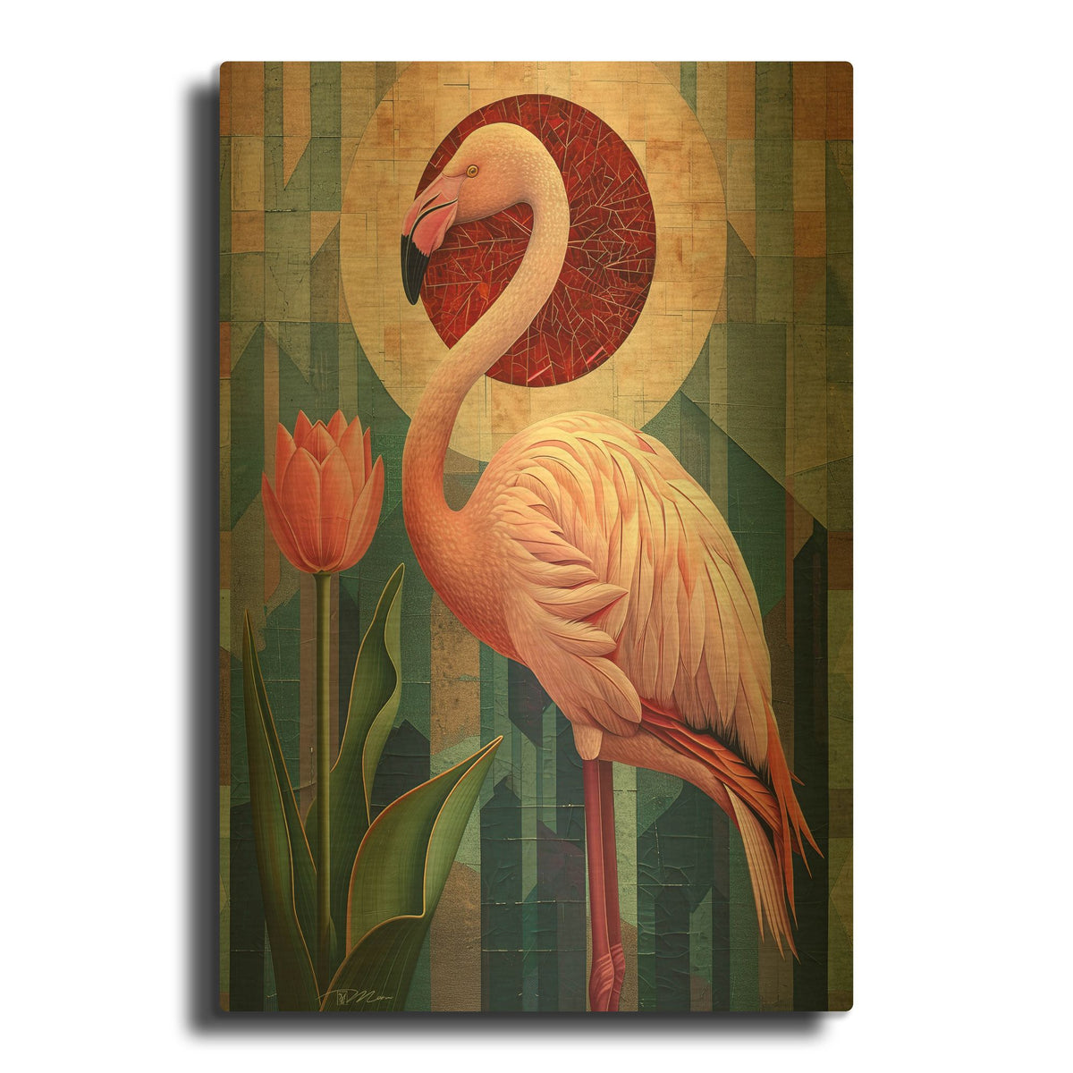'Flamingo And Tulip Abstract 1' By Momart Gold Metal Wall Art
