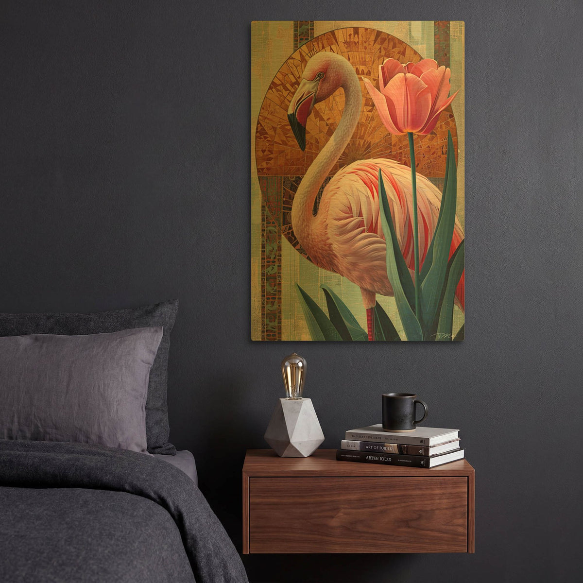 'Flamingo And Tulip Abstract 2' By Momart Gold Metal Wall Art
