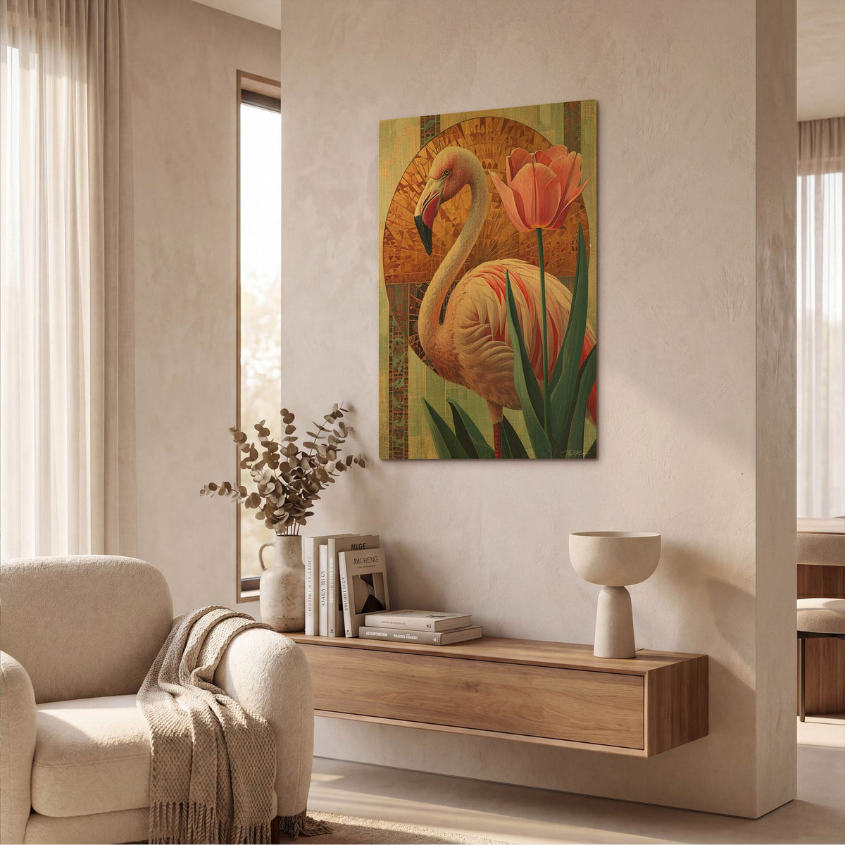 'Flamingo And Tulip Abstract 2' By Momart Gold Metal Wall Art