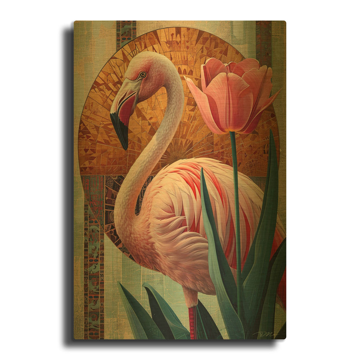 'Flamingo And Tulip Abstract 2' By Momart Gold Metal Wall Art