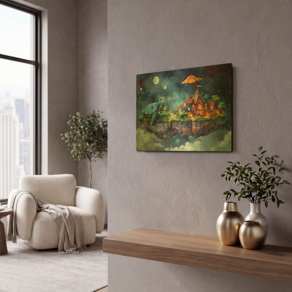 'Floating Island Of Turtles 2' By Momart Gold Metal Wall Art