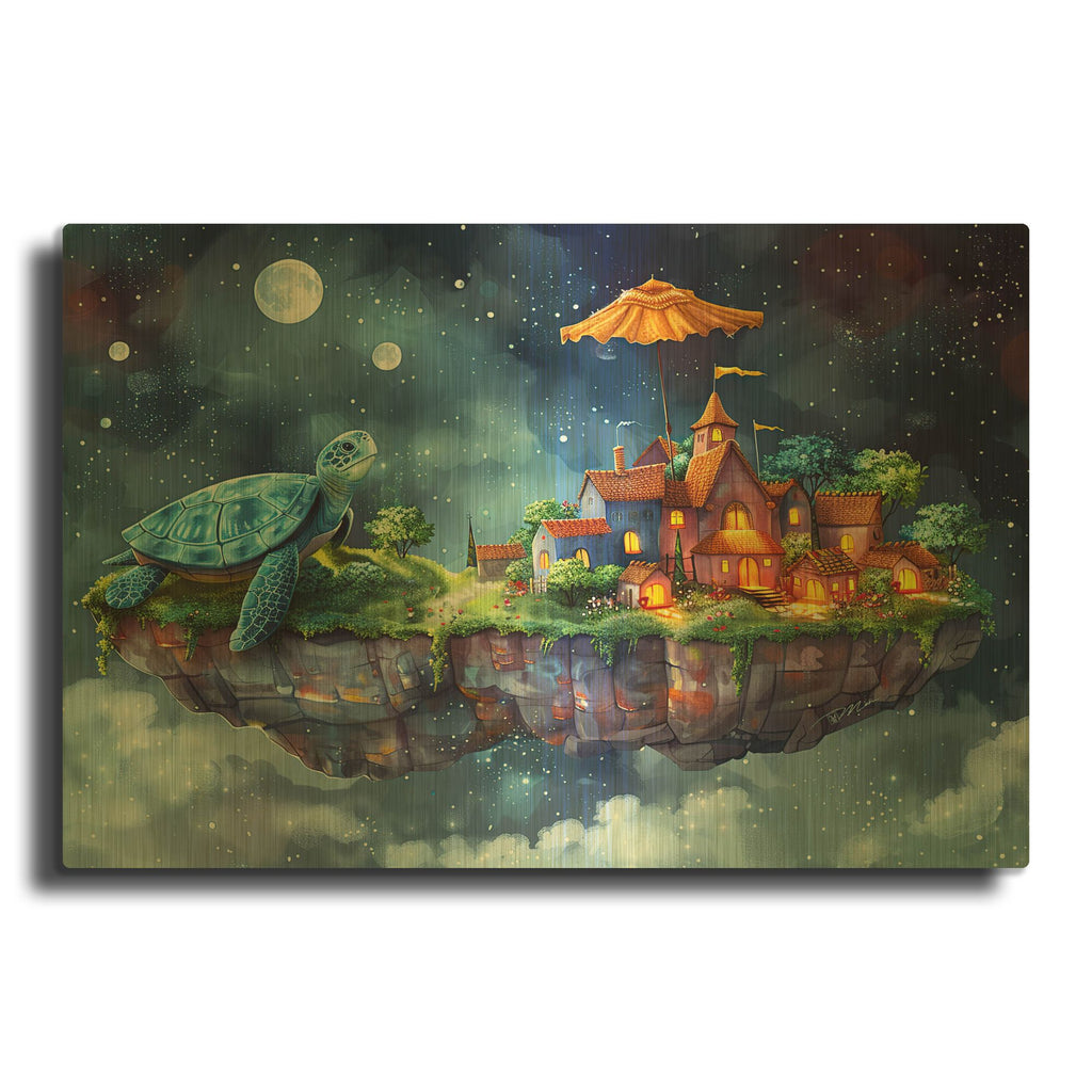 'Floating Island Of Turtles 2' By Momart Gold Metal Wall Art
