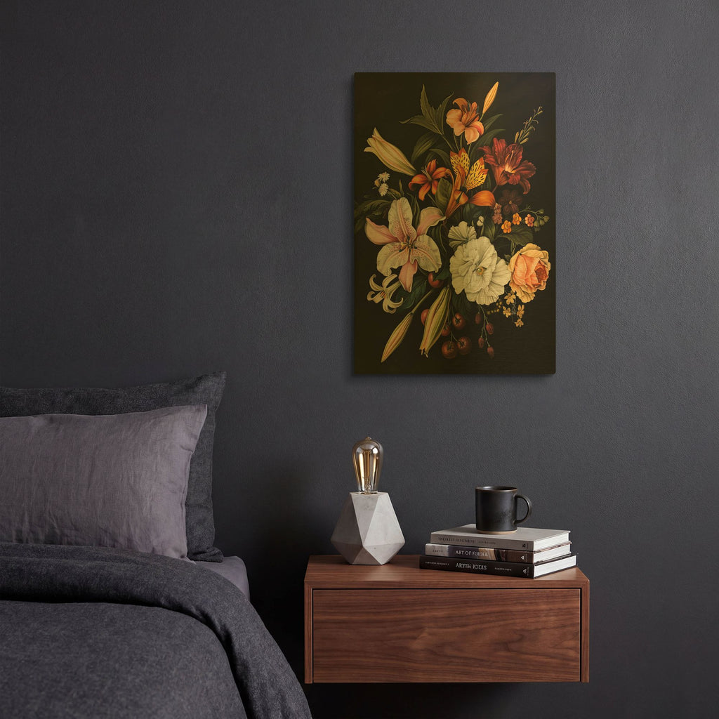 'Flowers In Black Background 1' By Momart Gold Metal Wall Art