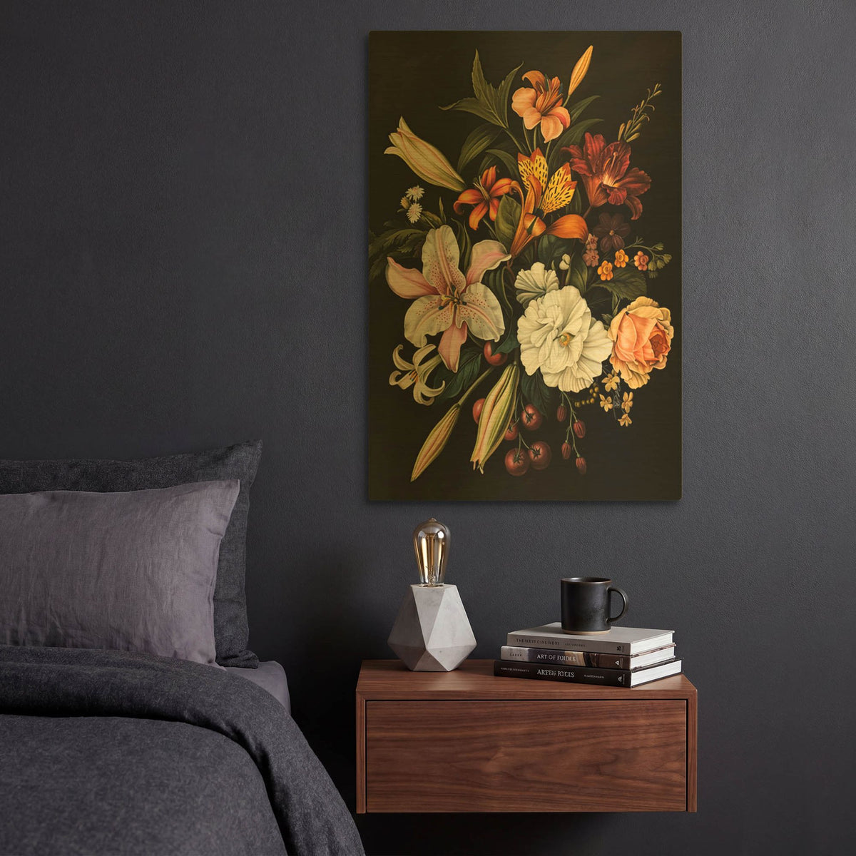 'Flowers In Black Background 1' By Momart Gold Metal Wall Art