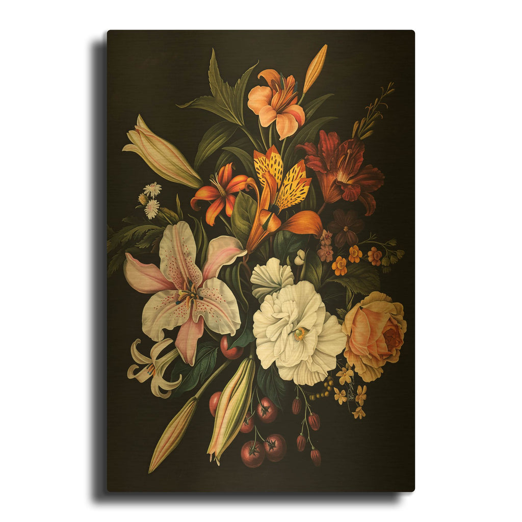 'Flowers In Black Background 1' By Momart Gold Metal Wall Art