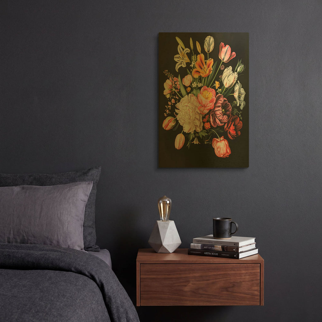'Flowers In Black Background 4' By Momart Gold Metal Wall Art