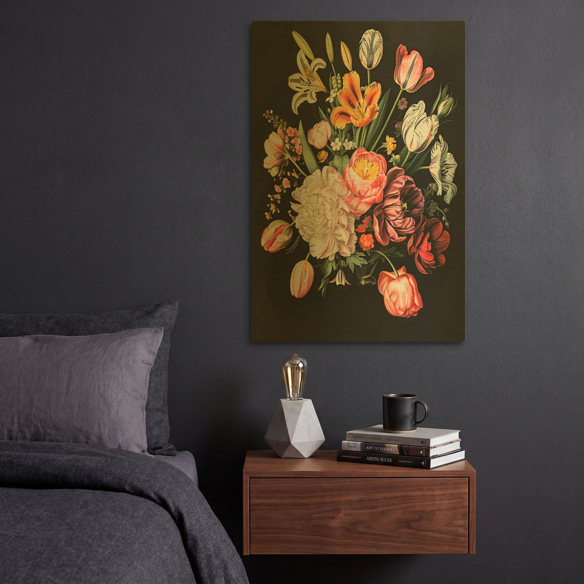 'Flowers In Black Background 4' By Momart Gold Metal Wall Art