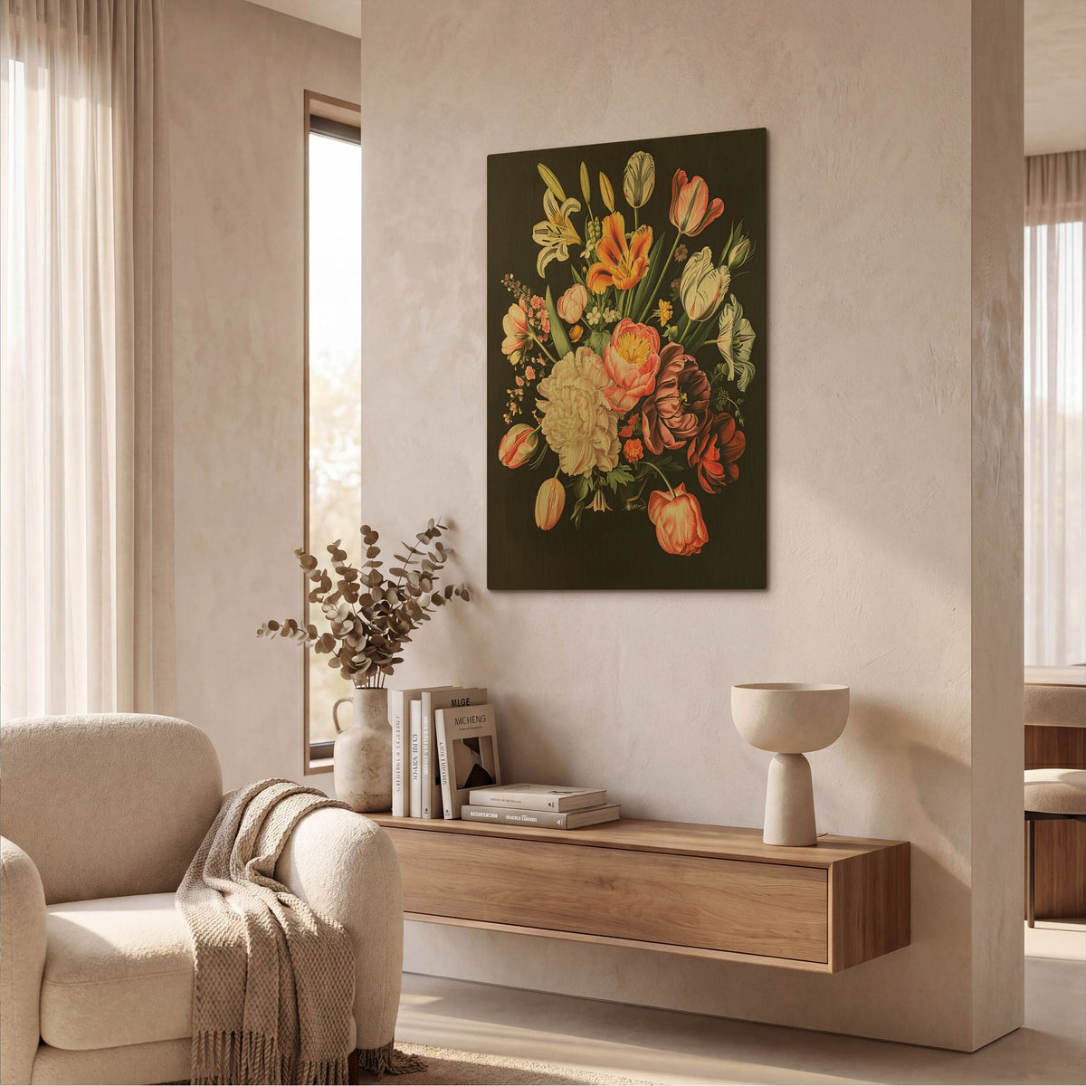 'Flowers In Black Background 4' By Momart Gold Metal Wall Art
