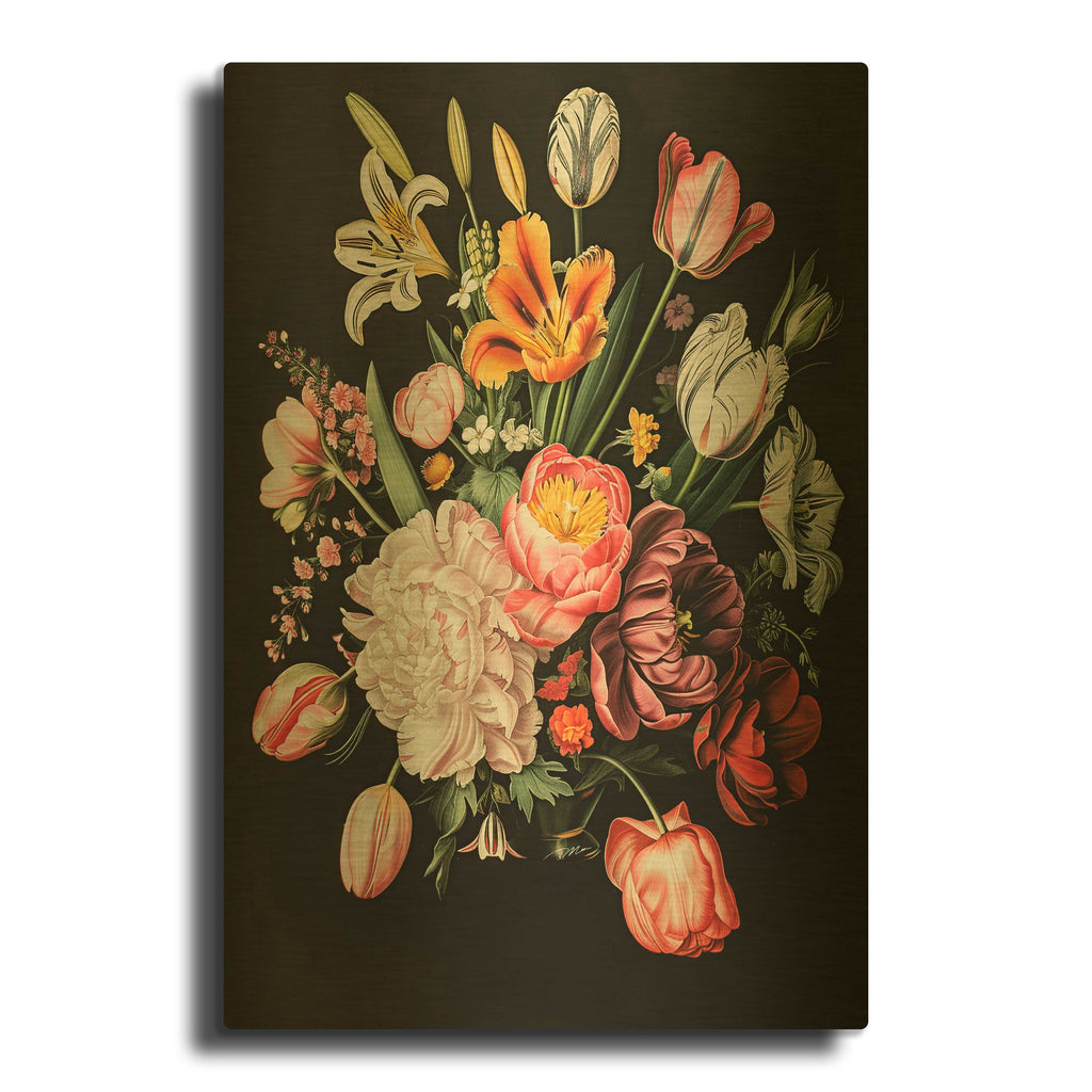 'Flowers In Black Background 4' By Momart Gold Metal Wall Art