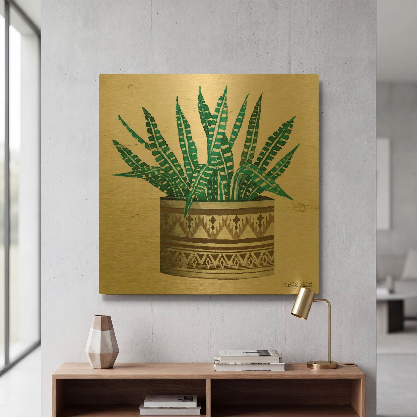 'Mud Cloth Vase V' By Cindy Jacobs Gold Metal Wall Art