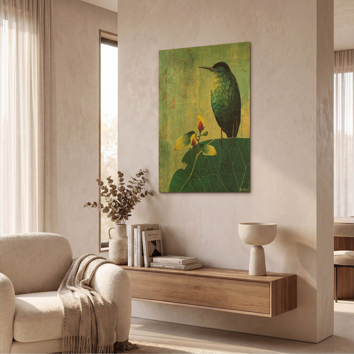 'Green Bird' By Momart Gold Metal Wall Art
